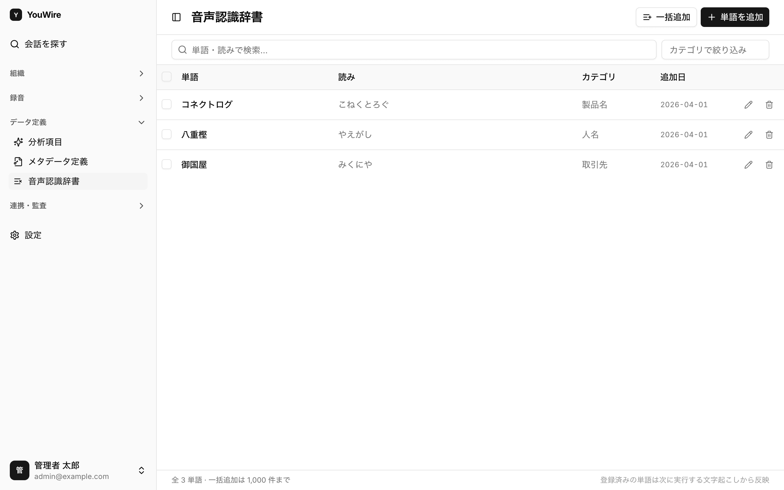 音声認識辞書の一覧