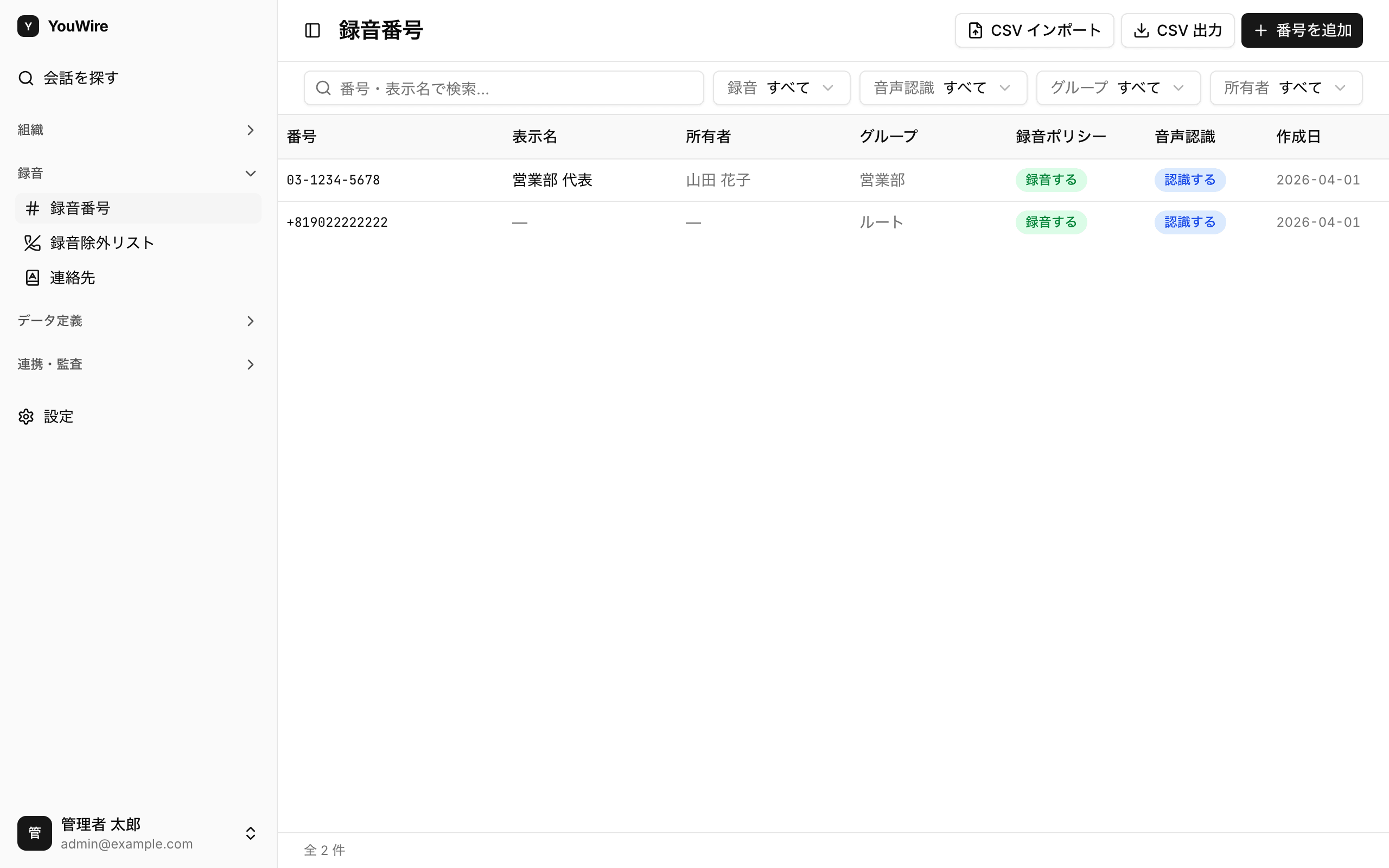 録音番号の一覧
